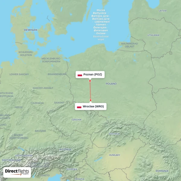 Wroclaw - Poznan direct flight map