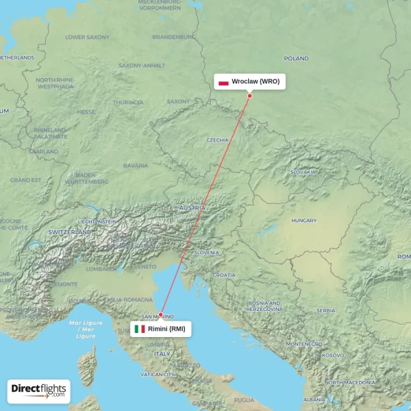 Wroclaw - Rimini direct flight map