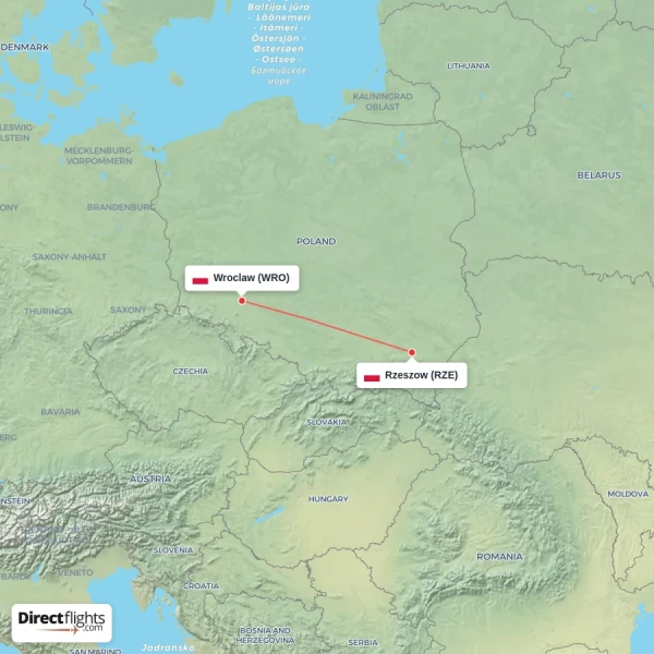 Wroclaw - Rzeszow direct flight map
