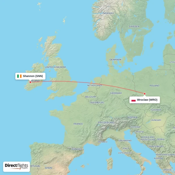 Wroclaw - Shannon direct flight map