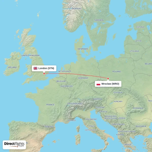 Wroclaw - London direct flight map