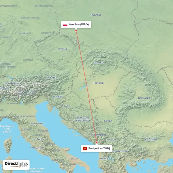 Wroclaw - Podgorica direct flight map