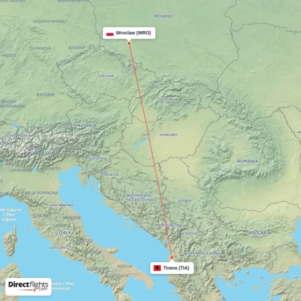 Wroclaw - Tirana direct flight map