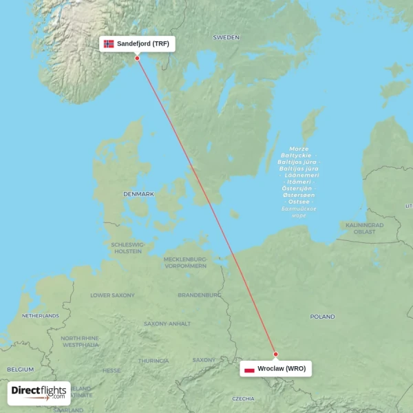 Wroclaw - Sandefjord direct flight map
