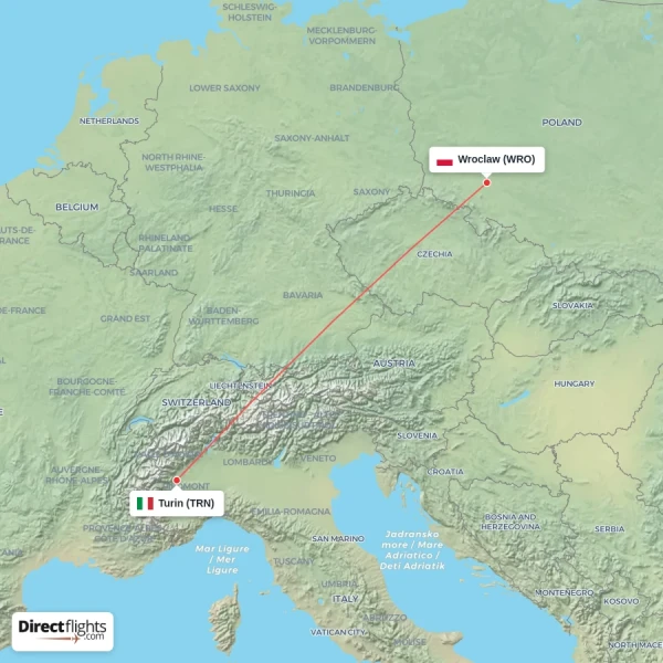 Wroclaw - Turin direct flight map