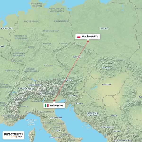 Wroclaw - Venice direct flight map