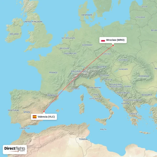 Wroclaw - Valencia direct flight map
