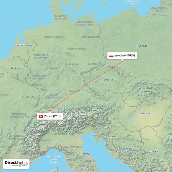 Wroclaw - Zurich direct flight map