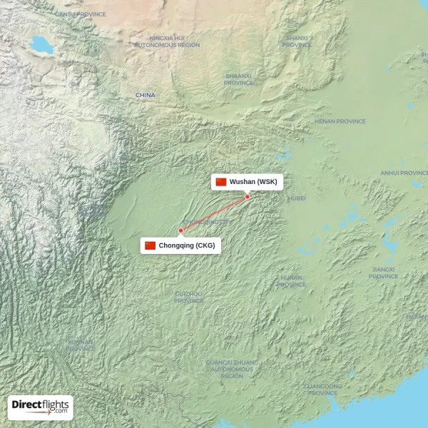 Wushan - Chongqing direct flight map