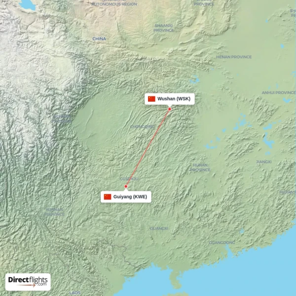 Wushan - Guiyang direct flight map