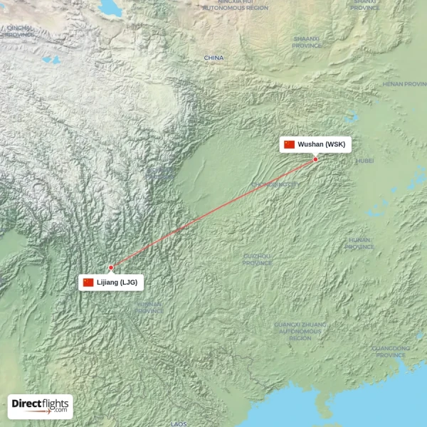 Wushan - Lijiang direct flight map
