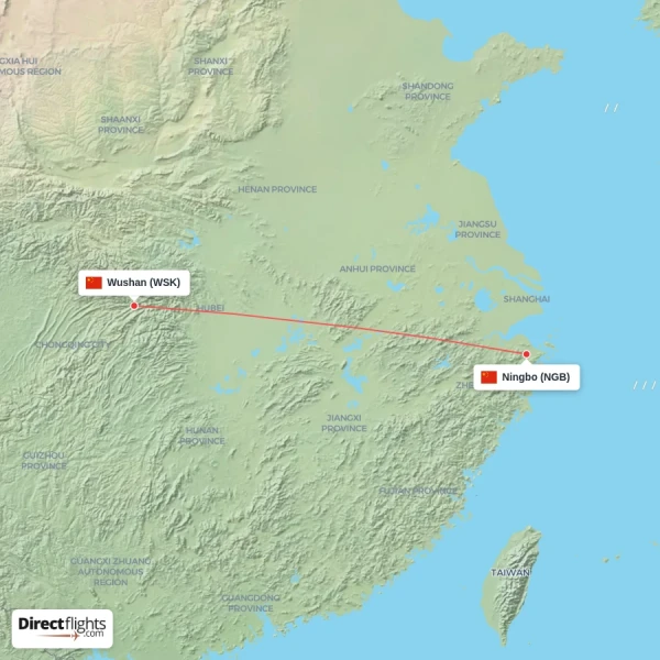 Wushan - Ningbo direct flight map