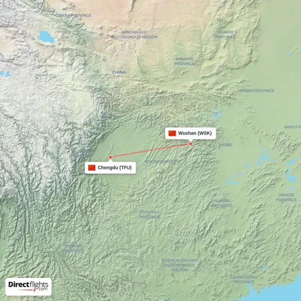 Wushan - Chengdu direct flight map