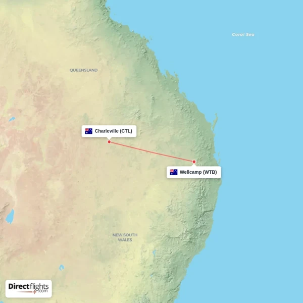 Wellcamp - Charleville direct flight map