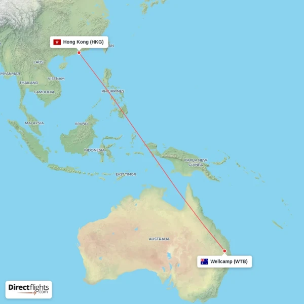 Wellcamp - Hong Kong direct flight map