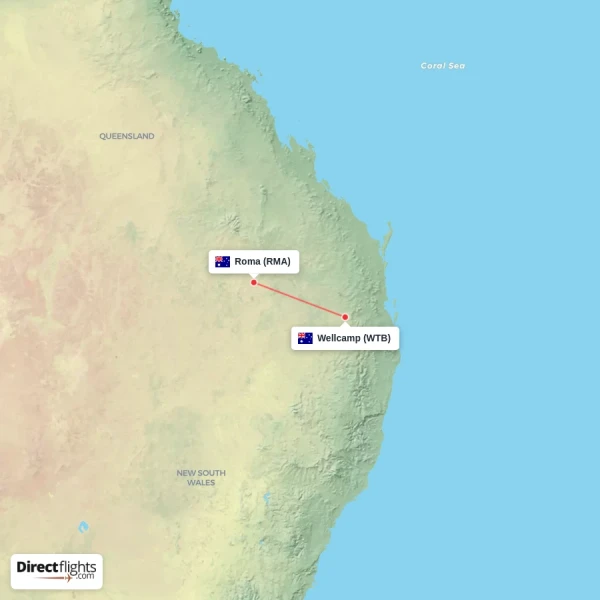 Wellcamp - Roma direct flight map
