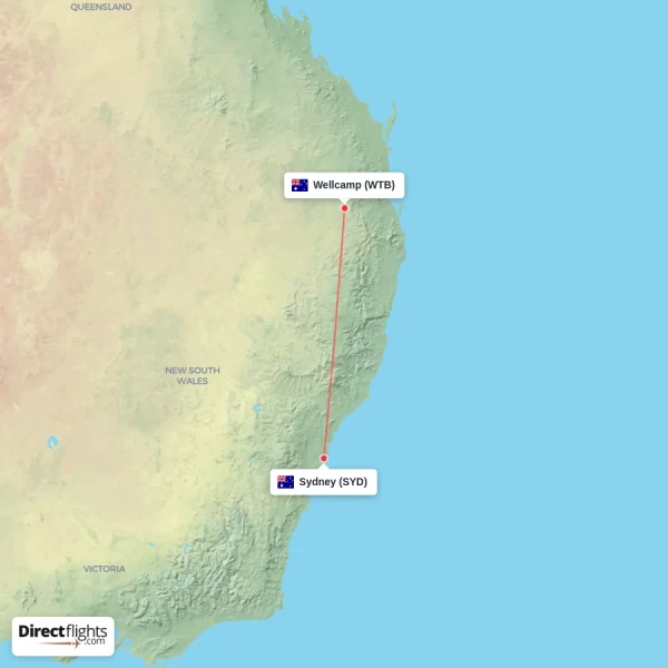 Wellcamp - Sydney direct flight map