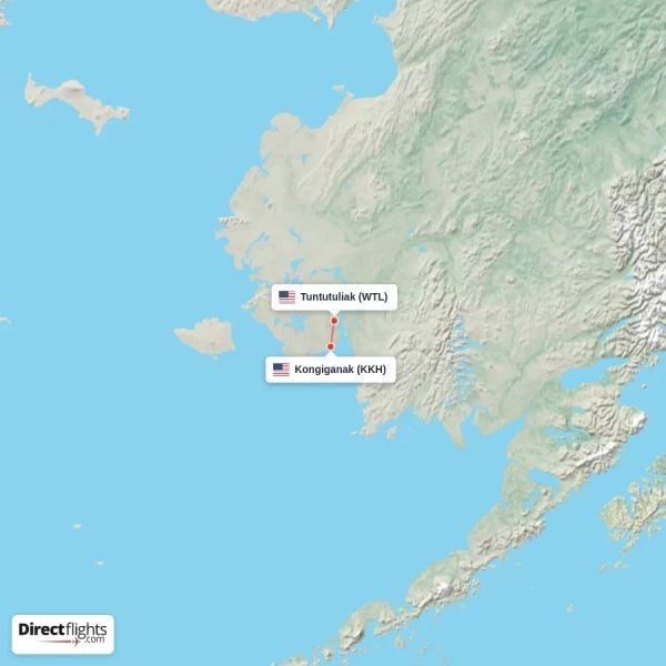 Tuntutuliak - Kongiganak direct flight map
