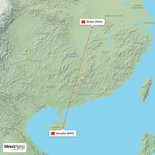 Wuhan - Qionghai direct flight map