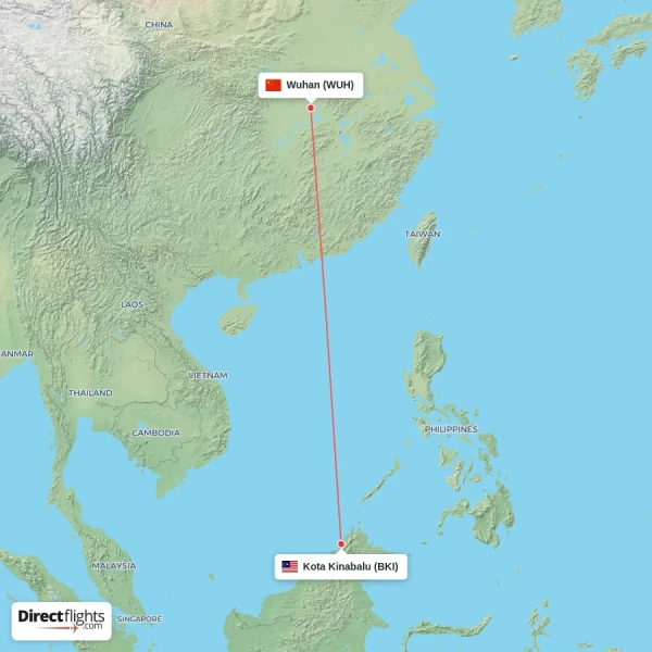 Wuhan - Kota Kinabalu direct flight map