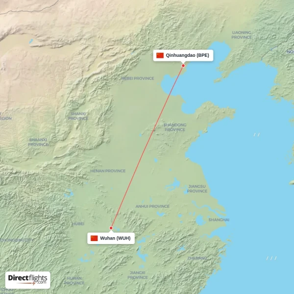 Wuhan - Qinhuangdao direct flight map