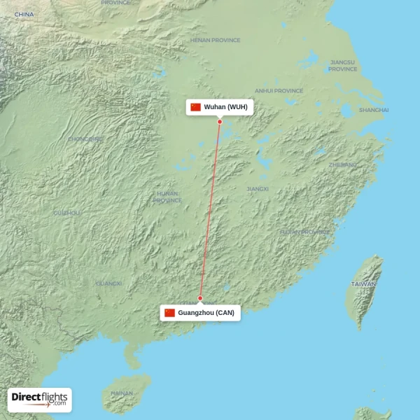 Wuhan - Guangzhou direct flight map