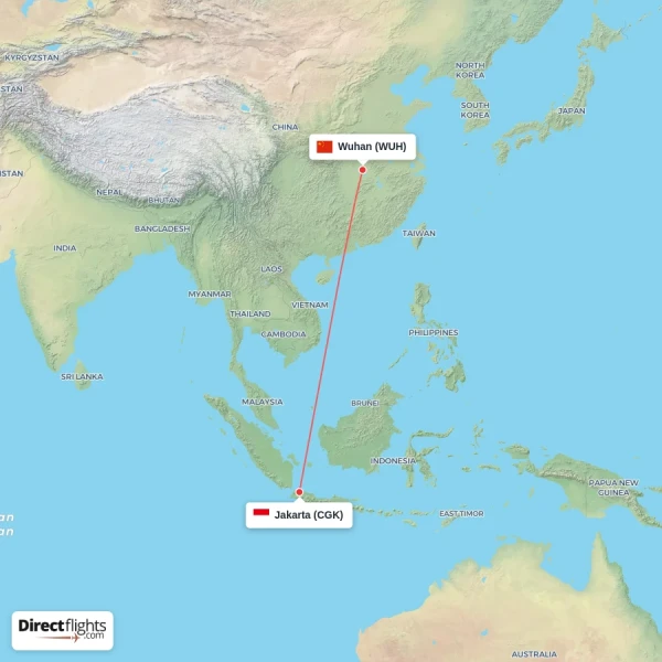 Wuhan - Jakarta direct flight map