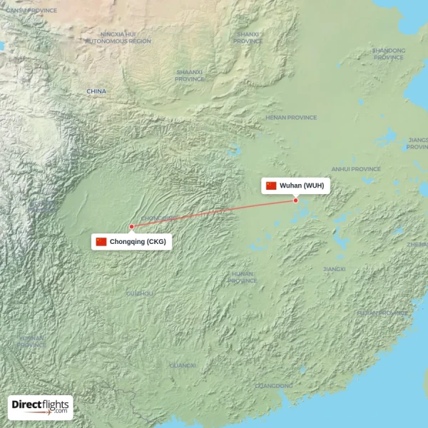 Wuhan - Chongqing direct flight map