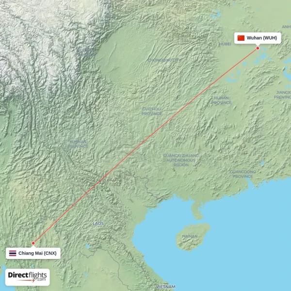 Wuhan - Chiang Mai direct flight map