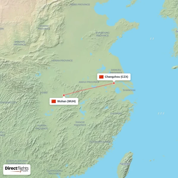 Wuhan - Changzhou direct flight map