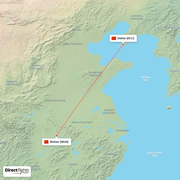 Wuhan - Dalian direct flight map