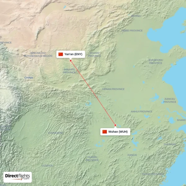 Wuhan - Yan'an direct flight map