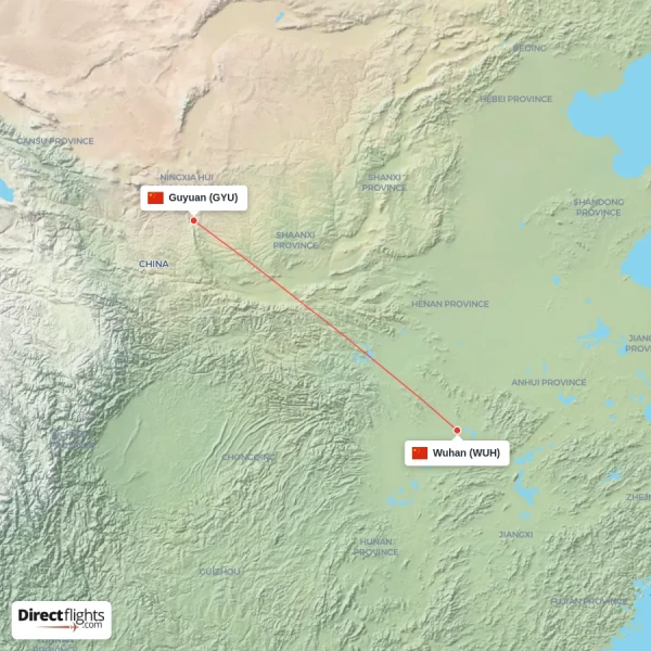 Wuhan - Guyuan direct flight map