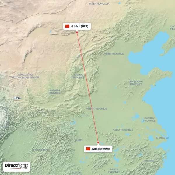 Wuhan - Hohhot direct flight map