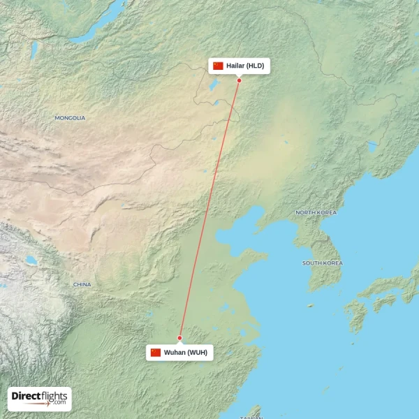 Wuhan - Hailar direct flight map