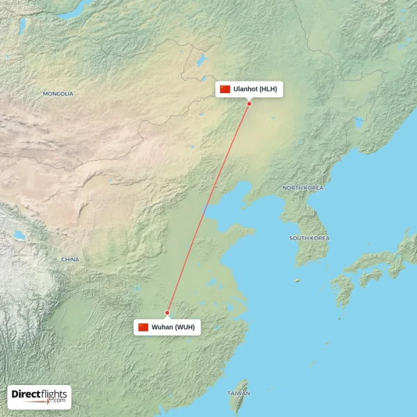 Wuhan - Ulanhot direct flight map