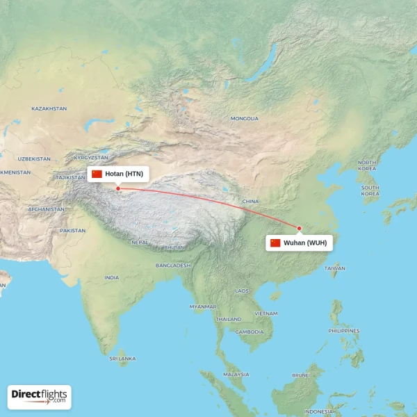 Wuhan - Hotan direct flight map