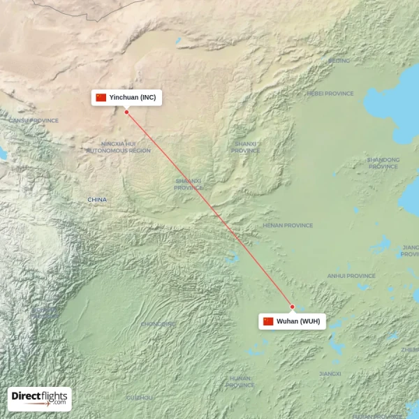 Wuhan - Yinchuan direct flight map