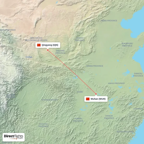 Wuhan - Qingyang direct flight map