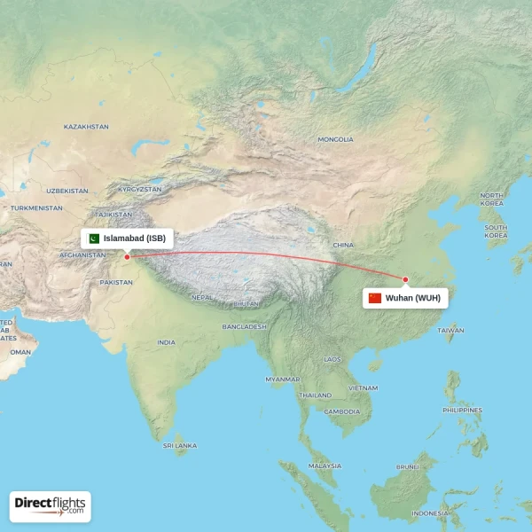 Wuhan - Islamabad direct flight map