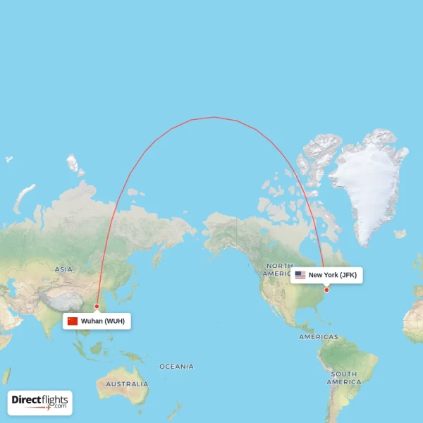 Wuhan - New York direct flight map