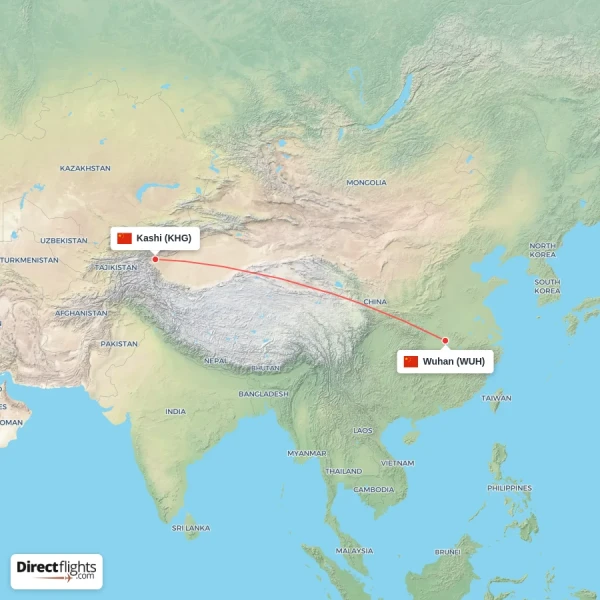 Wuhan - Kashi direct flight map