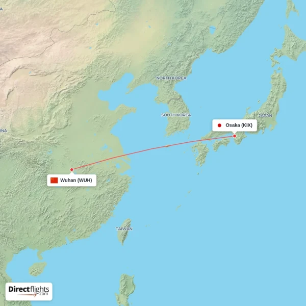Wuhan - Osaka direct flight map