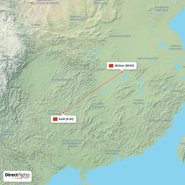 Wuhan - Kaili direct flight map