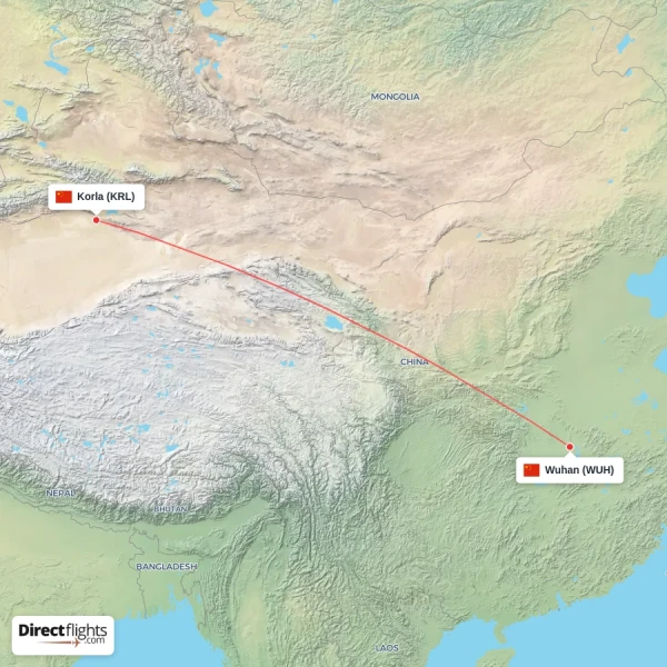 Wuhan - Korla direct flight map