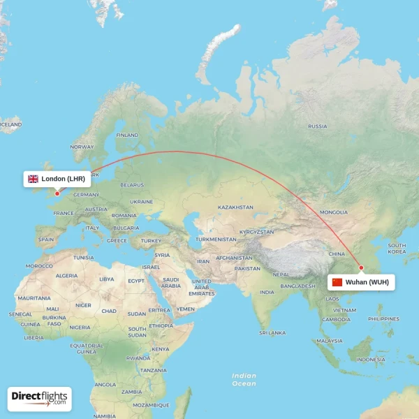 Wuhan - London direct flight map