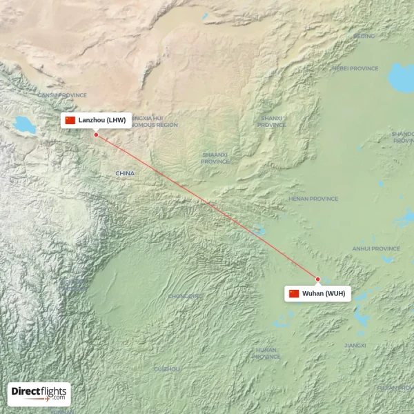 Wuhan - Lanzhou direct flight map