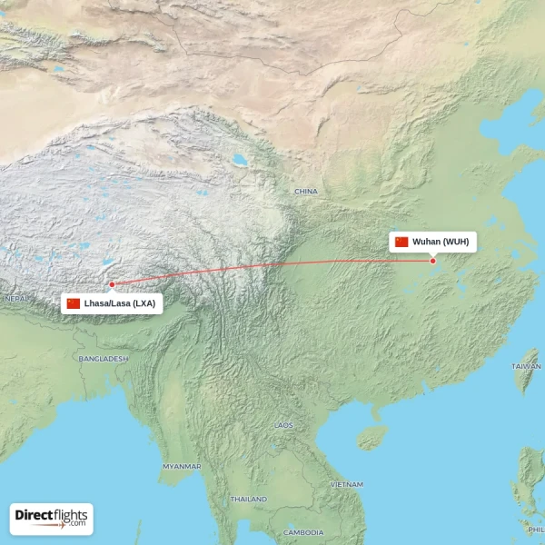 Wuhan - Lhasa/Lasa direct flight map