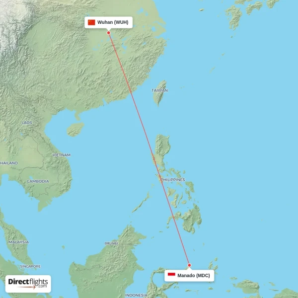 Wuhan - Manado direct flight map