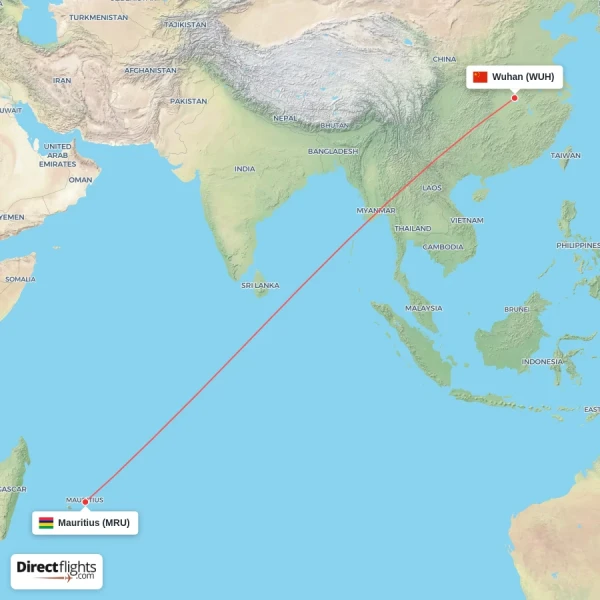 Wuhan - Mauritius direct flight map
